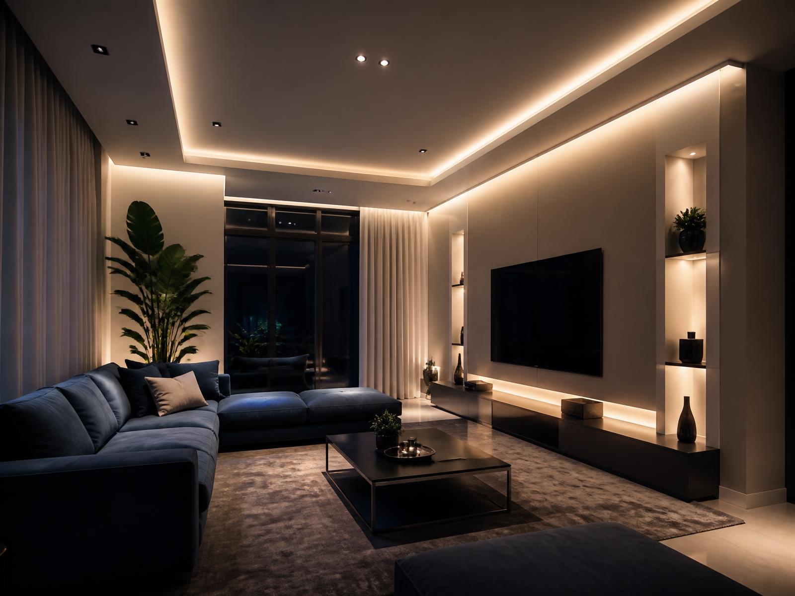 Sala residencial com forro de gesso, sanca e iluminação embutida executados em drywall