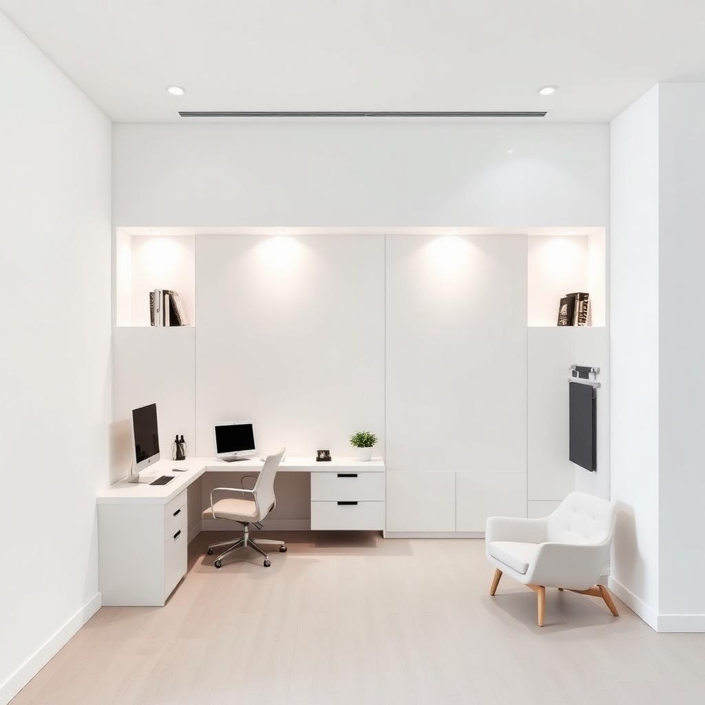 Divisória de drywall em home office com nichos iluminados